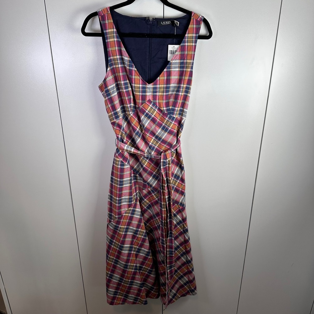 NWT Ralph Lauren Womens‎ 12 Cotton PlaidA-Line Midi Dress Belt Academia Feminine